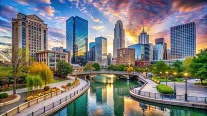 panoramic urban downtown skyline of skyscrapers and colorful buildings along a winding stone riverwa