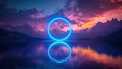 Wall Mural - Neon Circle Above the Mountains