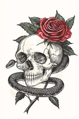 Wall Mural - skull and snake with rose. isolated vector illustration