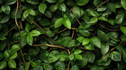 A close-up of lush green leaves.