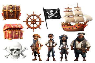 PNG 3D pirate element set, transparent background