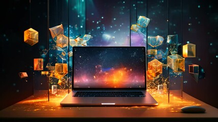 Poster - Laptop with glowing cubes flying out of the screen. 3D rendering, Futuristic workspace with sparkling particles floating out of a glowing screen