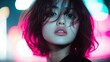 © svastix - A close-up portrait of a woman with dark short hair, large eyes, and full lips, set in a vibrant neon-lighted atmosphere. Bright lights create a dynamic urban feel.