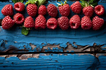 Wall Mural - Fresh Raspberries on Rustic Blue Wooden Surface - Ideal for Food Photography and Farm Produce Promotion