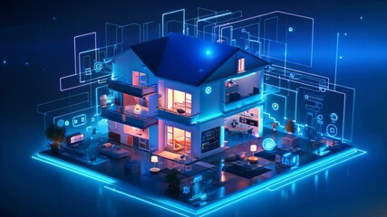 Poster - 3d illustration of a house in neon light on a dark background, Highlight the concept of the Internet of Things in a smart home environment, featuring various connected devices
