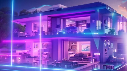 Poster - 3d rendering of modern cozy house with garage for sale or rent with beautiful landscaping, Highlight the concept of the Internet of Things in a smart home environment, featuring various
