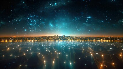 Poster - Global network connection over the city at night. 3D Rendering