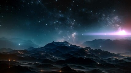 Poster - Futuristic space landscape with mountains and stars. 3D rendering, Illustrate a digital cyberspace with particles and digital data network connections