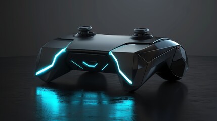 A futuristic, black video game controller.