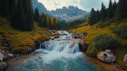 Poster - Mountain Stream Cascading through Alpine Valley