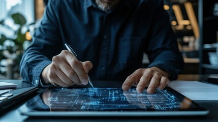 Businessman writes signing contract ,Holographic check mark blue