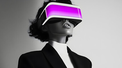 Canvas Print - black and white womans portrait in a suit, very stylish, woman is wearing bright neon color VR headset