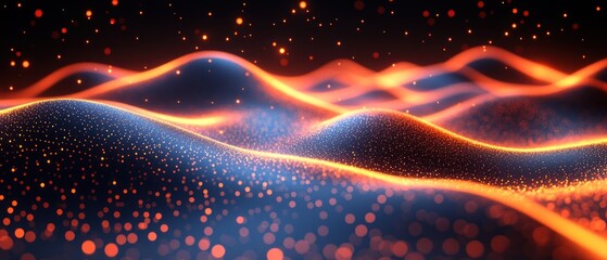 Poster - Abstract Wavy Surface with Glowing Orange and Red Particles