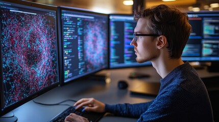 Wall Mural - Man working with multiple computer monitors in a tech environment