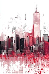 Wall Mural - A stylized city skyline, with buildings highlighted in red