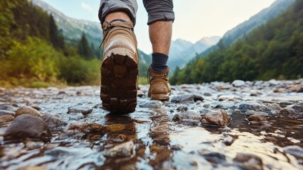 Hiking hiker traveler landscape adventure nature outdoors sport background panorama - Close up of feets with hiking shoes from a walking in the river