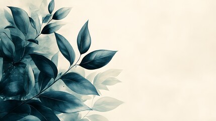 Wall Mural - blue watercolor leaf border with cream background