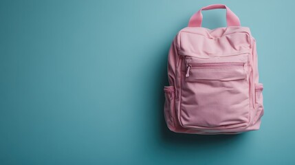 A pink backpack is highlighted against a clean blue background, emphasizing the contrast in colors and the simple, modern design suitable for everyday use and casual outings.