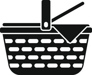Poster - black and white silhouette of a picnic basket with a checkered napkin ready for a romantic date or f