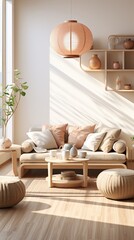 Sticker - Modern interior japandi style design livingroom. Lighting and sunny scandinavian apartment with plaster and wood. 3d render illustration 