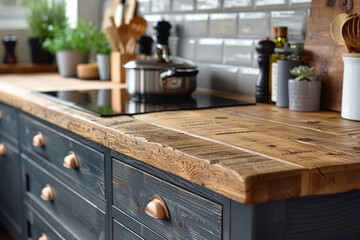 wooden table, modern cooking equipment. Wooden kitchen countertop with induction hob.