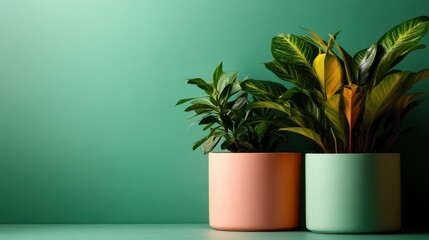 Two house plants in simple yet colorful pots, one coral and one mint green, positioned together against a green backdrop, representing minimalistic indoor gardening elegance.