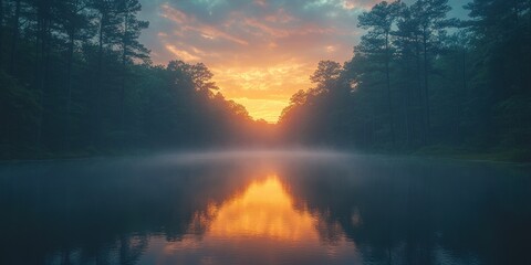 Wall Mural - Foggy Sunset Over a Serene Lake Surrounded by Trees