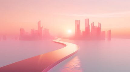 Poster - A curving pastel road leading to a distant minimalistic cityscape AI generated