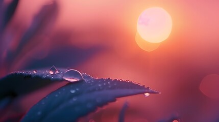 Canvas Print - A delicate dewdrop falling from a leaf in a blissful dawn AI generated