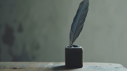 Fototapete - A feathered quill slowdipping into an inkwell in a minimalist setting AI generated