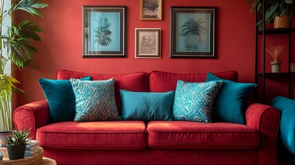 Wall Mural - Inviting and Stylish Living Room with a Striking Red and Turquoise Color Scheme Featuring a Comfortable Sofa Plush Cushions and a Harmonious Modern Interior Design