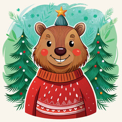 Canvas Print - A cartoon bear wearing a red sweater and a hat is standing in front of a Christmas tree. The bear is smiling and he is happy