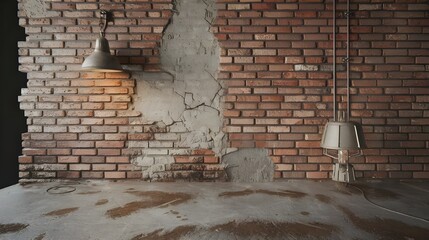 Wall Mural - A brick wall with a few cracks, a concrete floor, and three hanging lamps. The lamps have a metallic finish and cast a warm glow on the wall and floor.