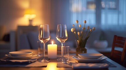 A minimalist dining room set for a candlelit dinner AI generated