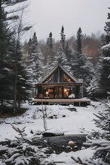 Canvas Print - A minimalist rustic retreat nestled in the heart of a snowcapped forest AI generated