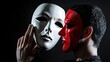 © Tanakorn - A Man Holding a White Mask in Front of His Face with a Red Mask Covering the Right Side of His Face, Both Masks Against a Dark Background