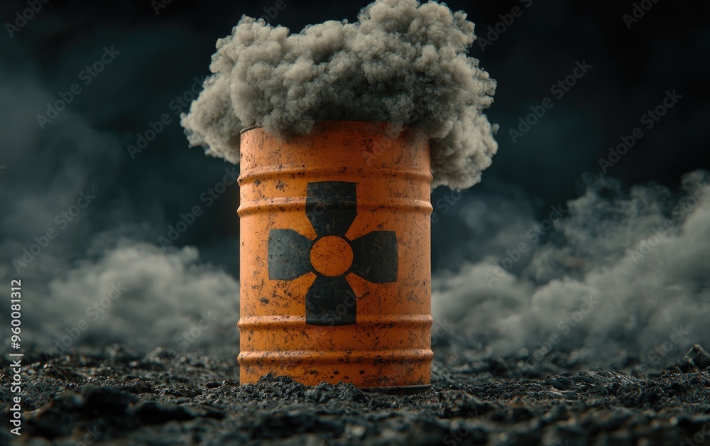 A rusty nuclear waste barrel emitting dark smoke, symbolizing ...