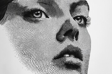 Wall Mural - Minimalistic black-and-white portrait of a face, where the facial features are created using dotted patterns. 