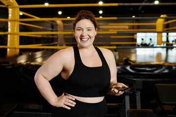 Wall Mural - A plus-size woman smiles confidently while exercising in active wear at the gym.