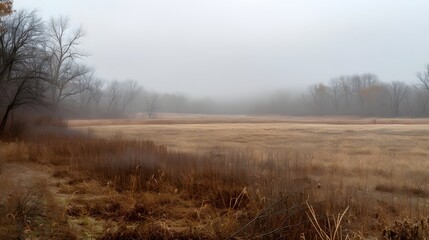 Canvas Print - A quiet desolate field enveloped by a slowly rolling fog   AI generated illustration