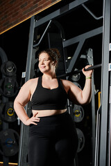 Wall Mural - A young woman embraces her strength while working out and uplifting body positivity in a gym.