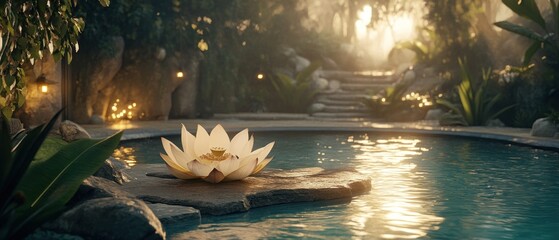 Wall Mural - A Single White Lotus Flower Resting on a Rock in a Pool of Water with a Sunlit Forest in the Background