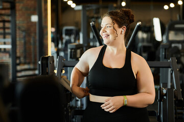 Wall Mural - A confident young woman enjoys her workout, radiating positivity in her gym active wear.