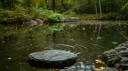 Wall Mural - A single ripple effect after dropping a stone in a calm pond   AI generated illustration