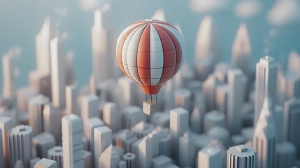 Wall Mural - A small cute D mini hot air balloon floating over a tiny minimalistic cityscape   AI generated illustration