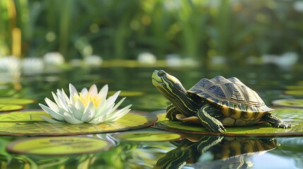 Wall Mural - A turtle basking in the sun on a lily pad.