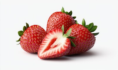 Wall Mural - Fresh and juicy strawberries on a white background, showcasing vibrant red color and green leaves.