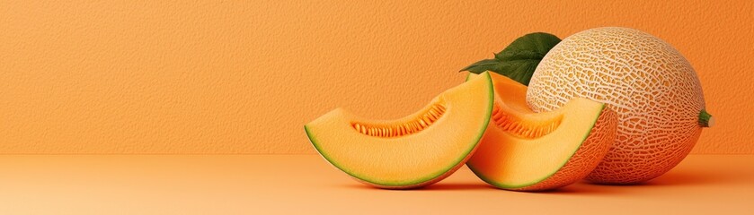 Wall Mural - Fresh and ripe cantaloupe slices and whole melon on a vibrant orange background, perfect for summer-themed designs.