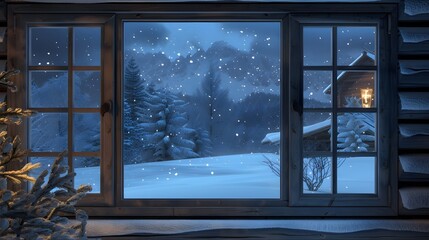 A snowy cabin scene through a minimalist window design   AI generated illustration