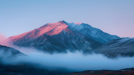 Canvas Print - A soft pink mountain surrounded by a smoky blue sky   AI generated illustration